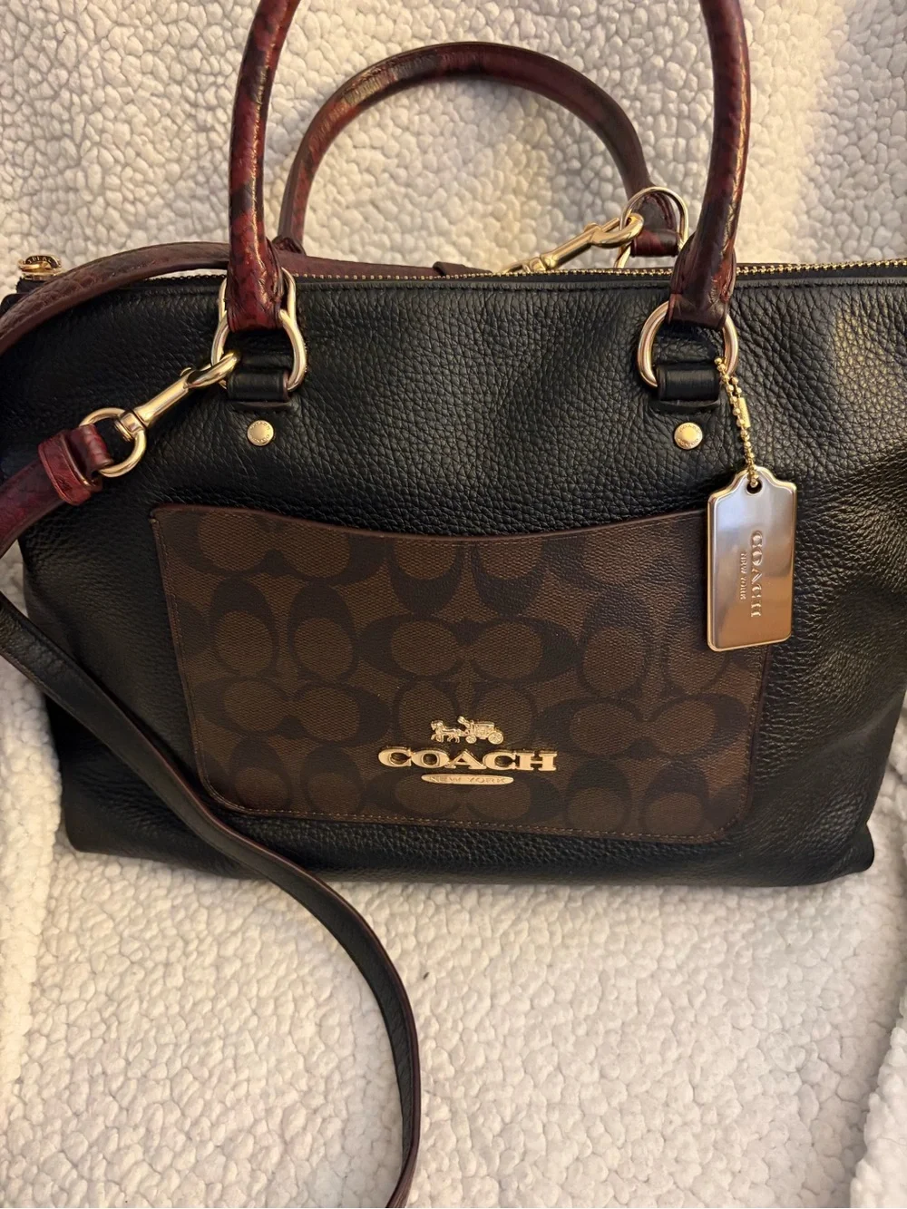 Coach Black Leather Satchel with Brown Signature Pocket and Burgundy Trim
